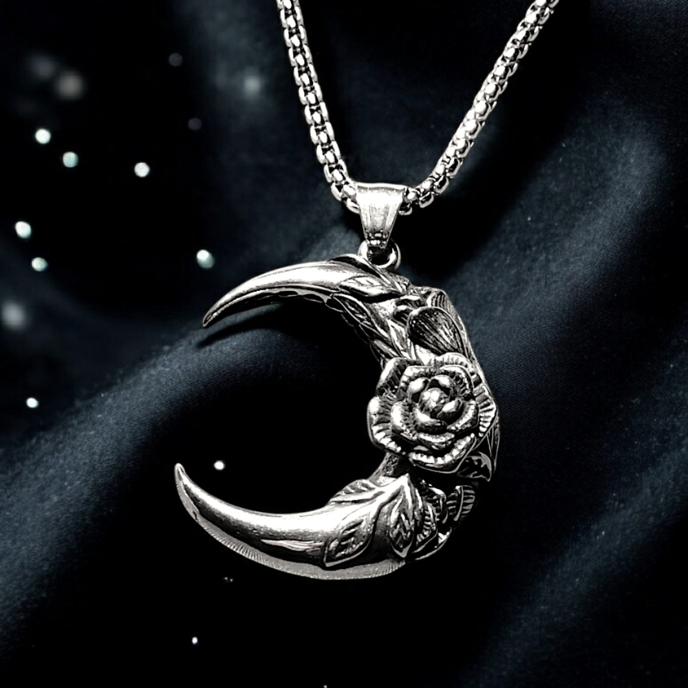 🌹🌙 NEW Stainless Steel Silver Crescent Rose Moon Necklace